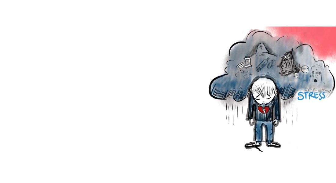 Boy standing under a rainy cloud.